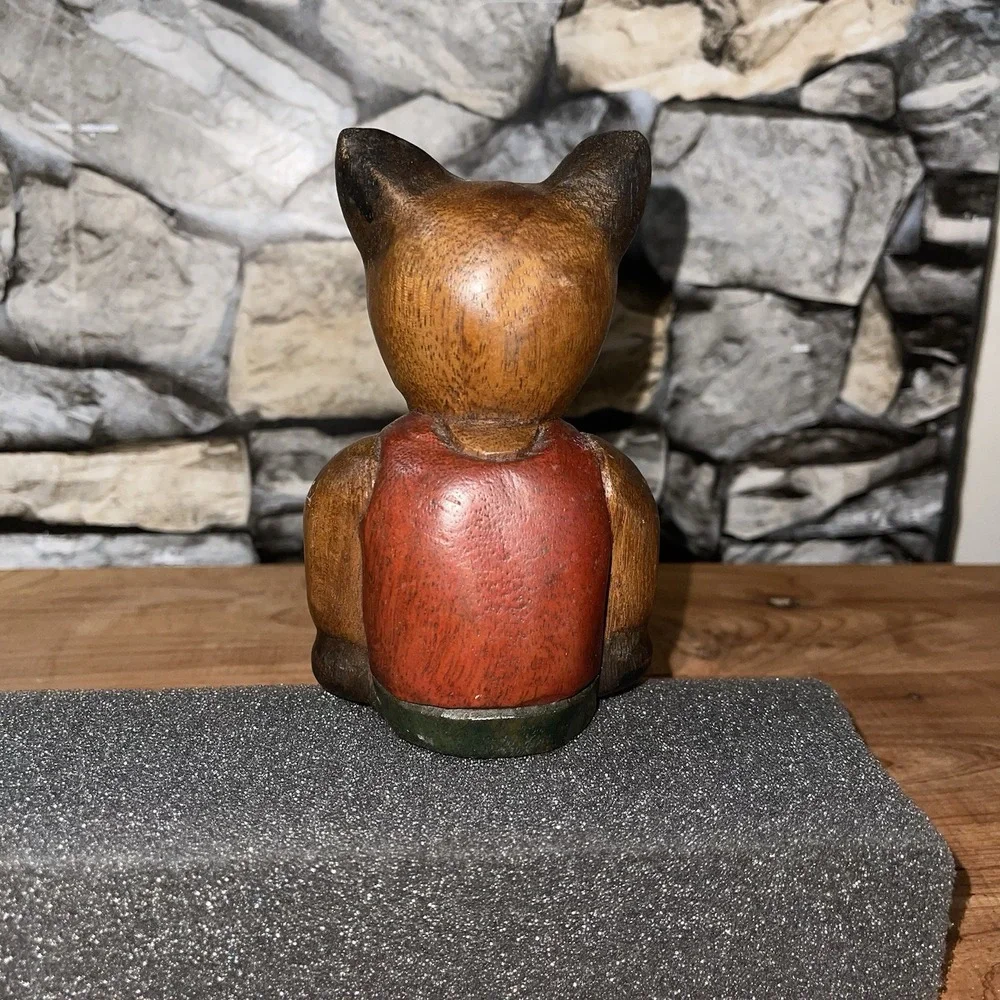 Hand Carved Wooden Cat Figurine Folk Art Vintage Shelf Sitter Hand Painted